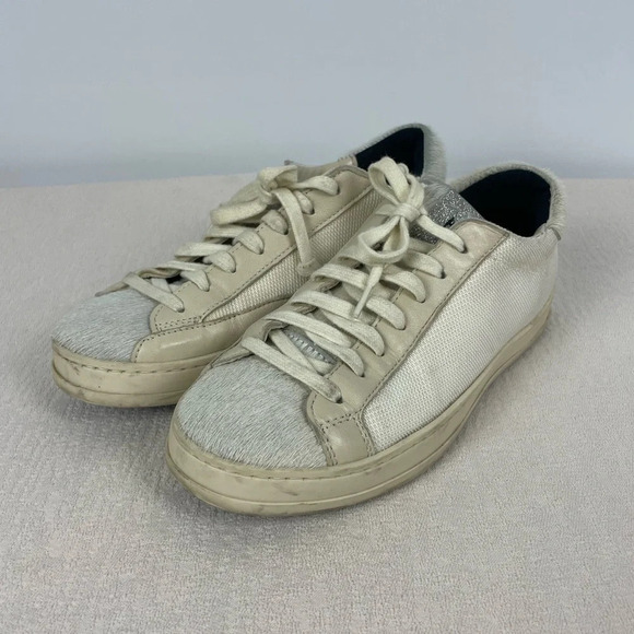 P448 Cream Low Top John Yeti Fur Lace Up Distressed Sneaker - Picture 2 of 14